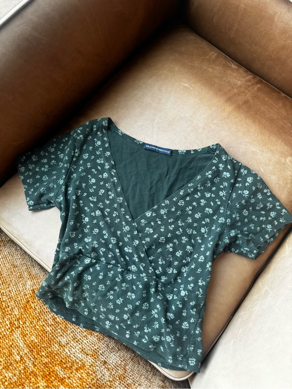 Brandy Melville Dark Green Floral Wrap Crop Top